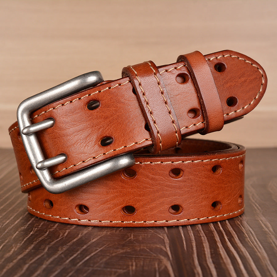 Double Pin Buckle First Layer Cowhide Belt Fashion Belt Men&